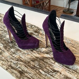 Brian Atwood Suede T-Strap Pumps - Purple Suede - GORGEOUS